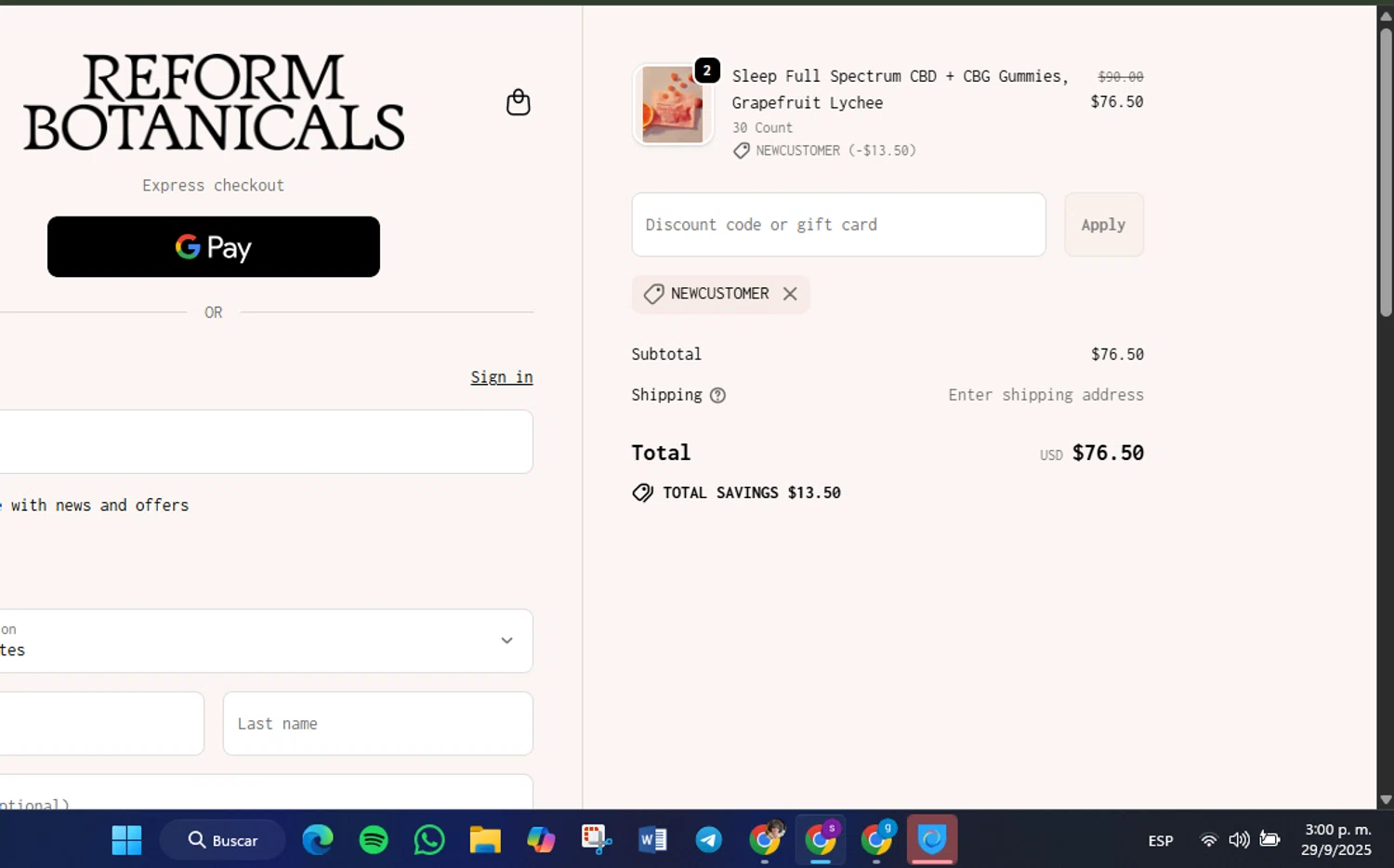Reform Botanicals promo code screenshot showing code NEWCUSTOMER applied at Reform Botanicals checkout page. Uploaded by SimplyCodes community member Lamadama on Sep 29, 2025