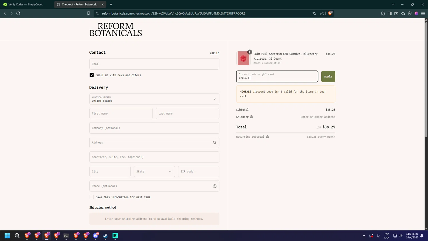 Reform Botanicals promo code screenshot showing code 420SALE applied at Reform Botanicals checkout page. Uploaded by SimplyCodes community member bakyhatman1020 on Apr 14, 2025