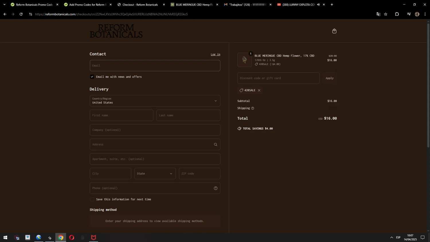Reform Botanicals promo code screenshot showing code 420SALE applied at Reform Botanicals checkout page. Uploaded by SimplyCodes community member MarcosAranguren on Apr 14, 2025