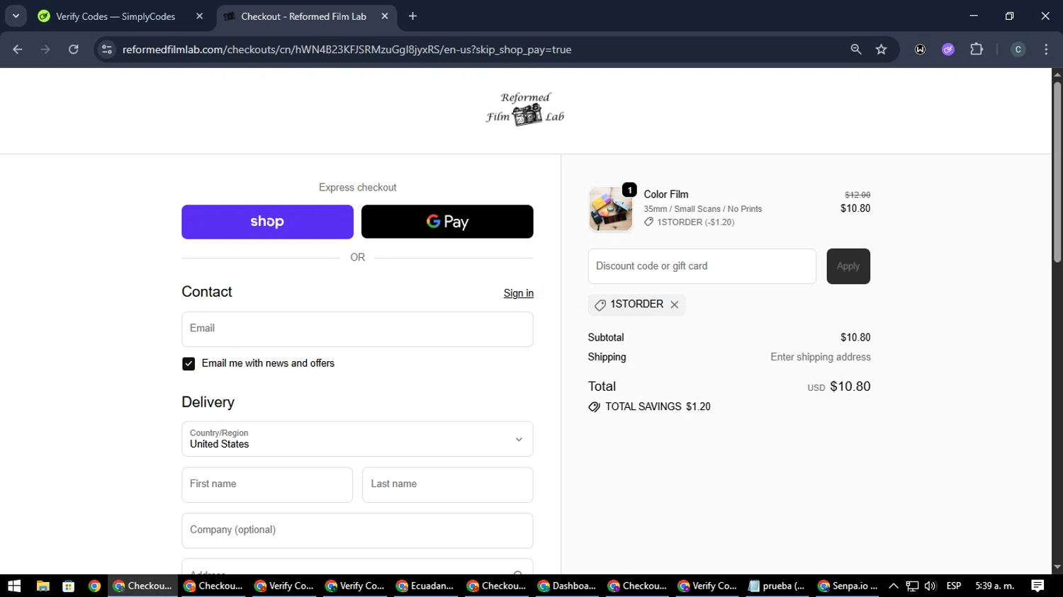 Reformed Film Lab discount code screenshot showing code 1storder applied at Reformed Film Lab checkout page. Uploaded by SimplyCodes community member Nata_Montana on Oct 16, 2025