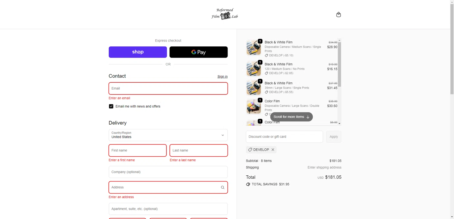Reformed Film Lab discount code screenshot showing code DEVELOP applied at Reformed Film Lab checkout page. Uploaded by SimplyCodes community member DiscountWarden480 on Dec 1, 2025