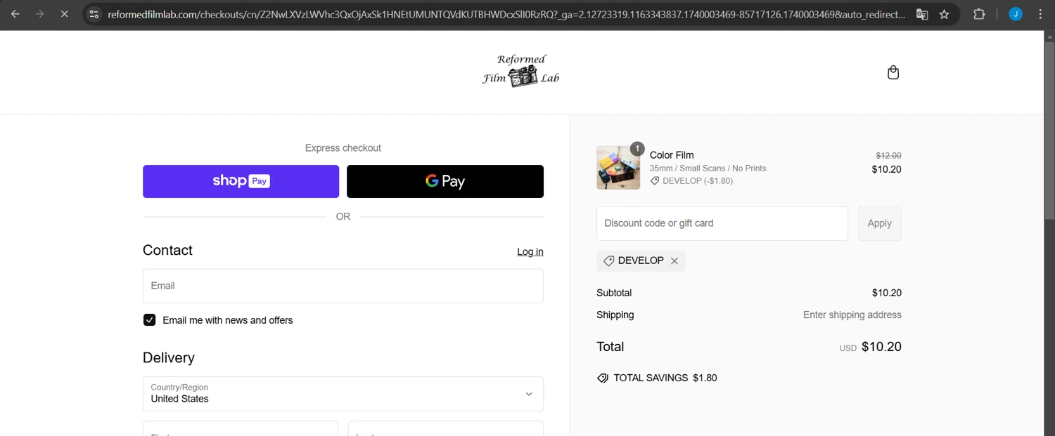Reformed Film Lab discount code screenshot showing code DEVELOP applied at Reformed Film Lab checkout page. Uploaded by SimplyCodes community member Jeanjc on Feb 19, 2025