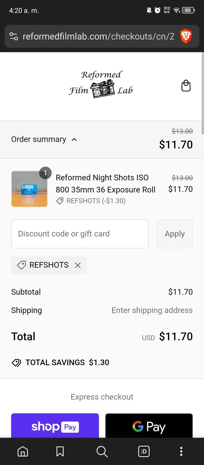 Reformed Film Lab discount code screenshot showing code REFSHOTS applied at Reformed Film Lab checkout page. Uploaded by SimplyCodes community member MrWolf on Jan 30, 2025