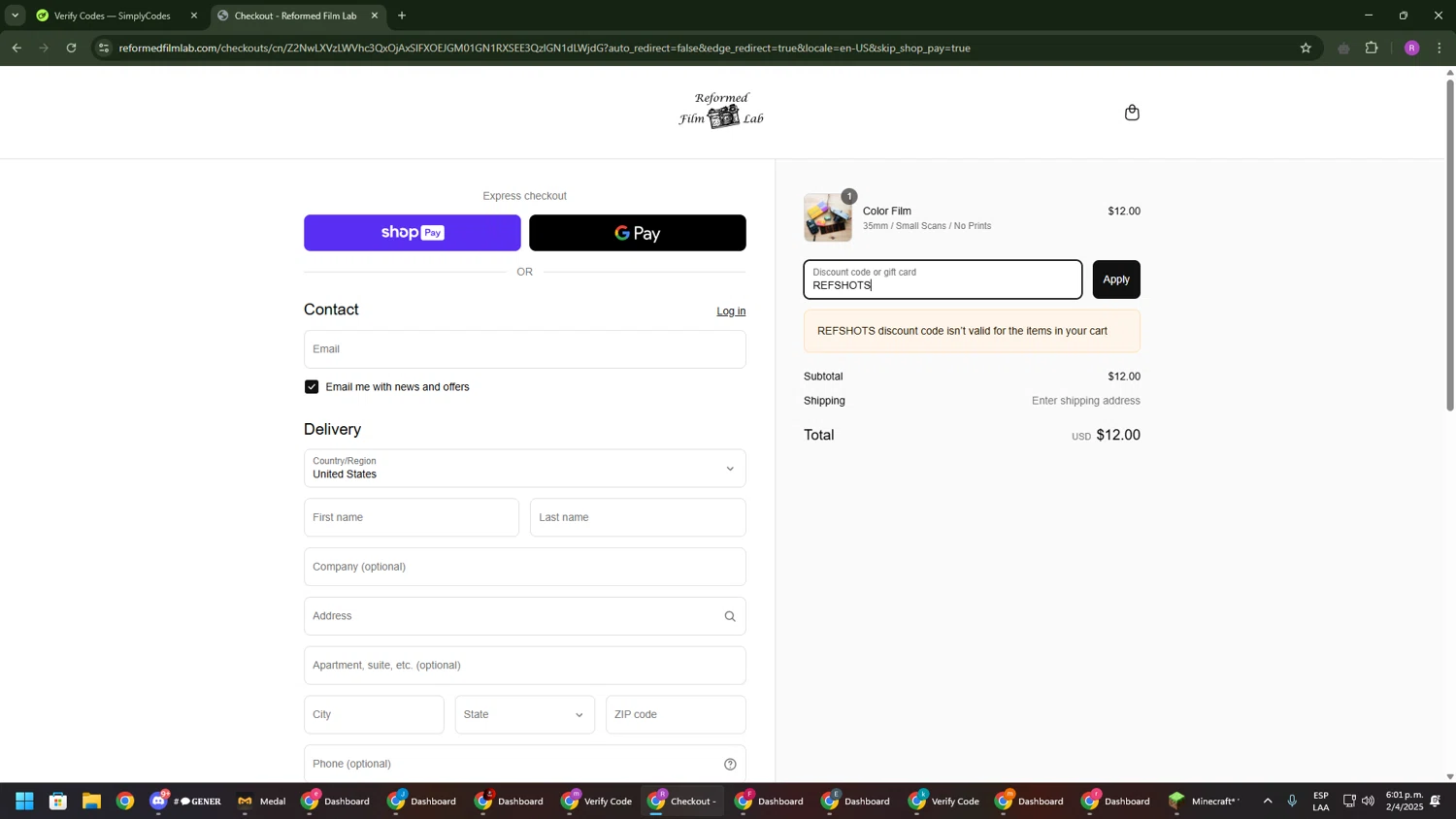 Reformed Film Lab discount code screenshot showing code REFSHOTS applied at Reformed Film Lab checkout page. Uploaded by SimplyCodes community member RoyalSentinel4577 on Apr 2, 2025