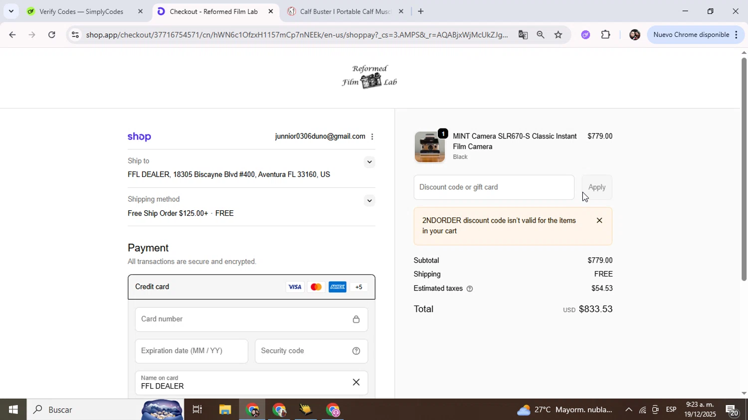 Reformed Film Lab discount code screenshot showing code 2ndorder applied at Reformed Film Lab checkout page. Uploaded by SimplyCodes community member Junniorduno on Dec 19, 2025