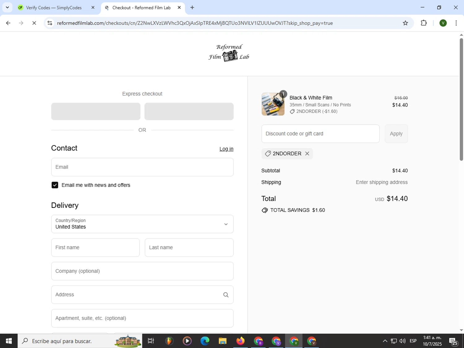 Reformed Film Lab discount code screenshot showing code 2ndorder applied at Reformed Film Lab checkout page. Uploaded by SimplyCodes community member PrimeWizard4168 on Jul 10, 2025