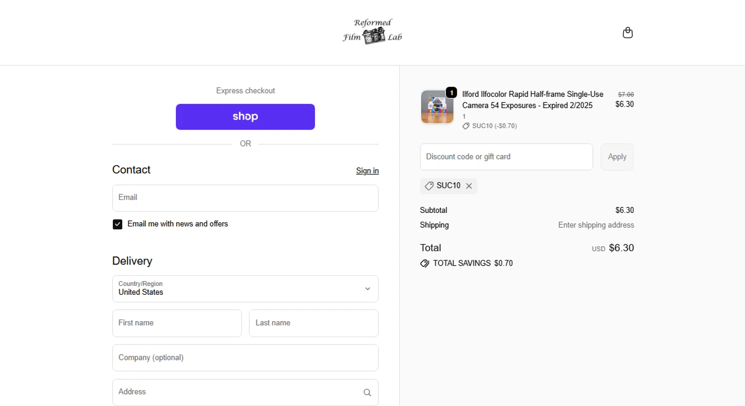Reformed Film Lab discount code screenshot showing code SUC10 applied at Reformed Film Lab checkout page. Uploaded by SimplyCodes community member Camila on Nov 21, 2025