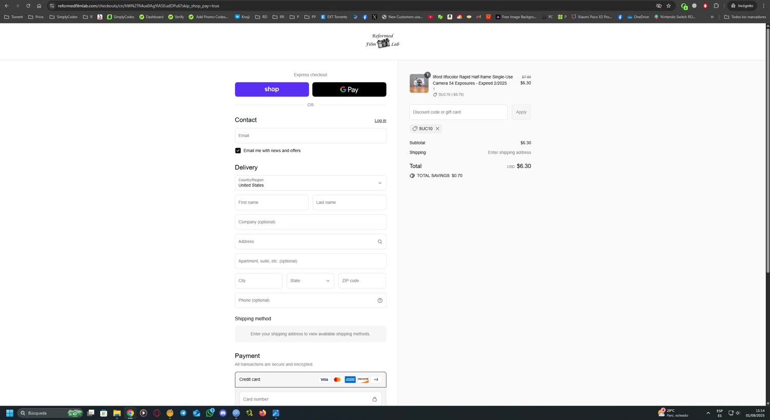 Reformed Film Lab discount code screenshot showing code SUC10 applied at Reformed Film Lab checkout page. Uploaded by SimplyCodes community member UnkNownVnzla on Sep 1, 2025
