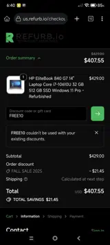 FREE10 coupon verification screenshot