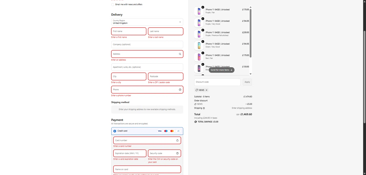 RefurbPhone promo code screenshot showing code New5 applied at RefurbPhone checkout page. Uploaded by SimplyCodes community member RobertWalter on Dec 14, 2025