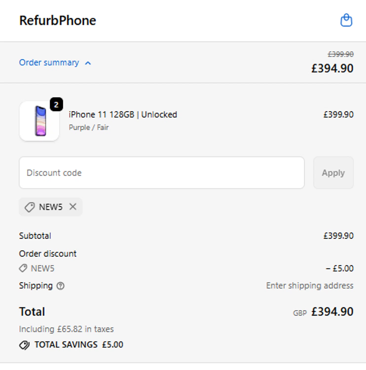 RefurbPhone promo code screenshot showing code New5 applied at RefurbPhone checkout page. Uploaded by SimplyCodes community member mariroma on Dec 15, 2025