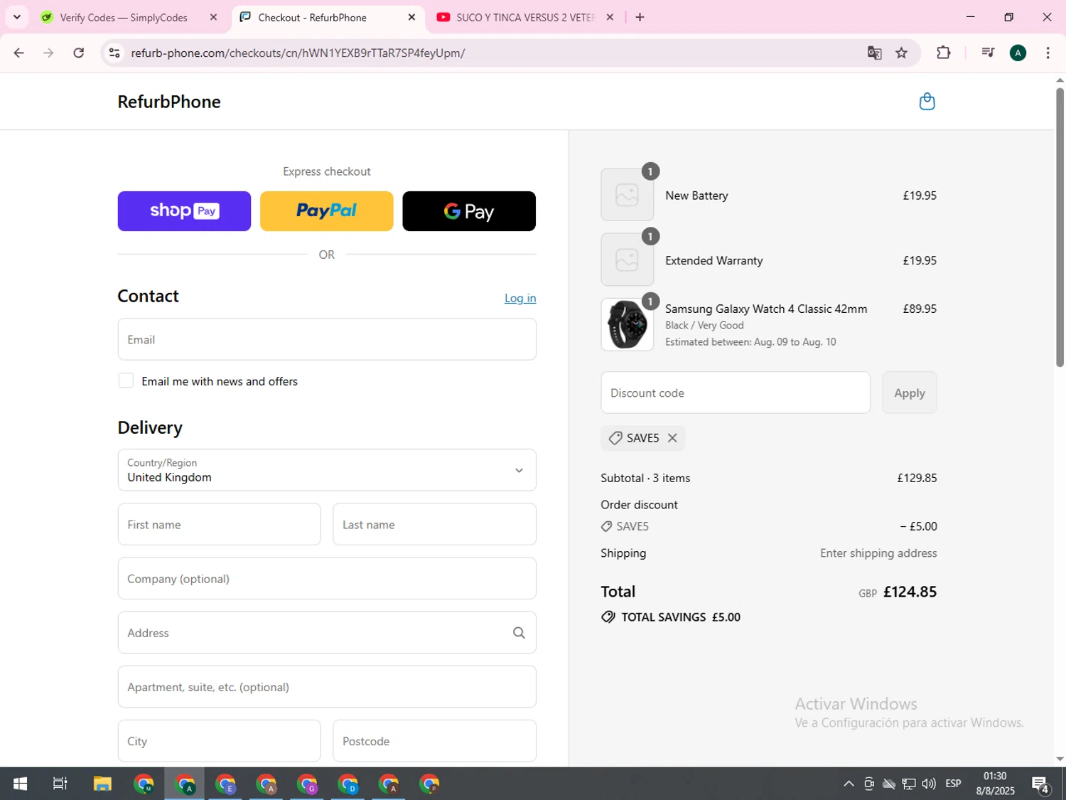 RefurbPhone promo code screenshot showing code save5 applied at RefurbPhone checkout page. Uploaded by SimplyCodes community member PennyCurator1095 on Aug 8, 2025