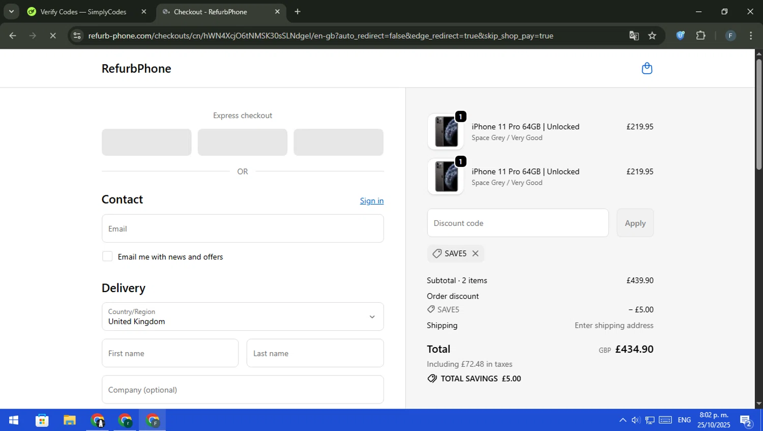 RefurbPhone promo code screenshot showing code save5 applied at RefurbPhone checkout page. Uploaded by SimplyCodes community member pajarito on Oct 26, 2025
