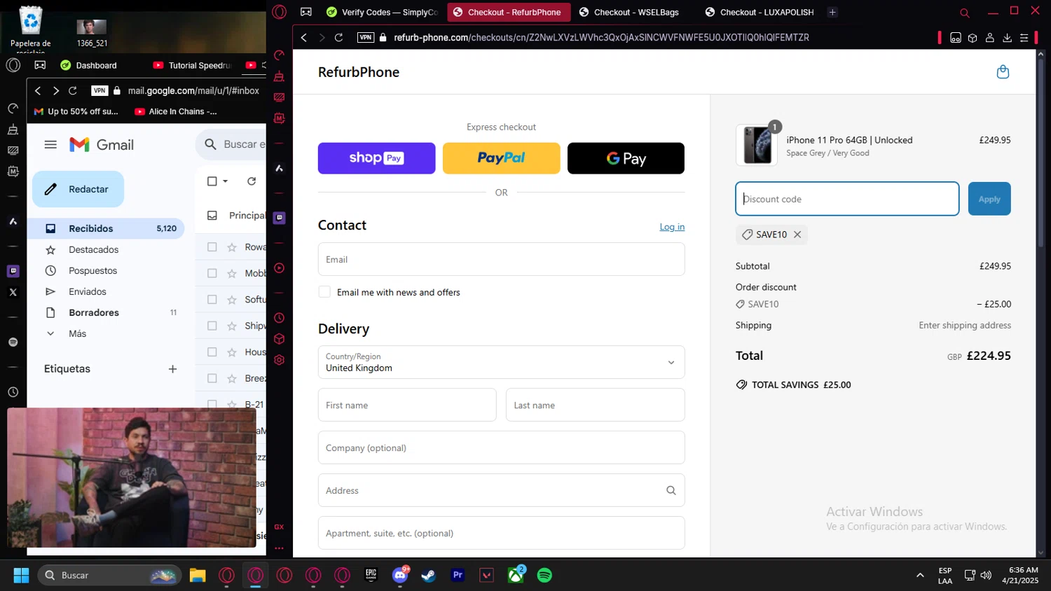RefurbPhone promo code screenshot showing code SAVE10 applied at RefurbPhone checkout page. Uploaded by SimplyCodes community member leonardocamacho2 on Apr 21, 2025