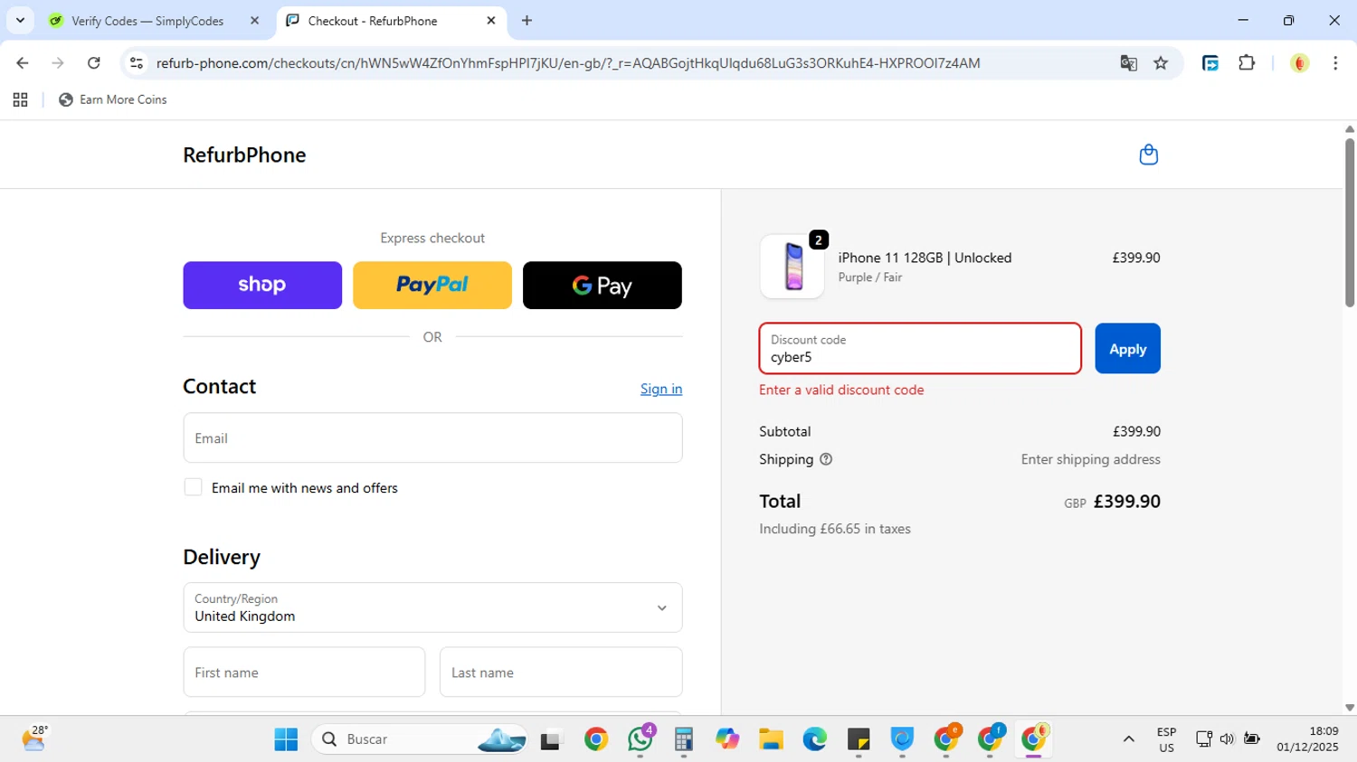 RefurbPhone promo code screenshot showing code cyber5 applied at RefurbPhone checkout page. Uploaded by SimplyCodes community member DiscountCollector3543 on Dec 1, 2025