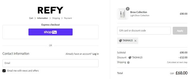 REFY checkout page showing REFY discount code box | Screenshot taken by SimplyCodes community member on Jun 3, 2023