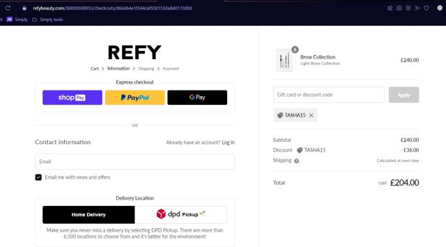 REFY checkout page showing REFY discount code box | Screenshot taken by SimplyCodes community member on May 28, 2023