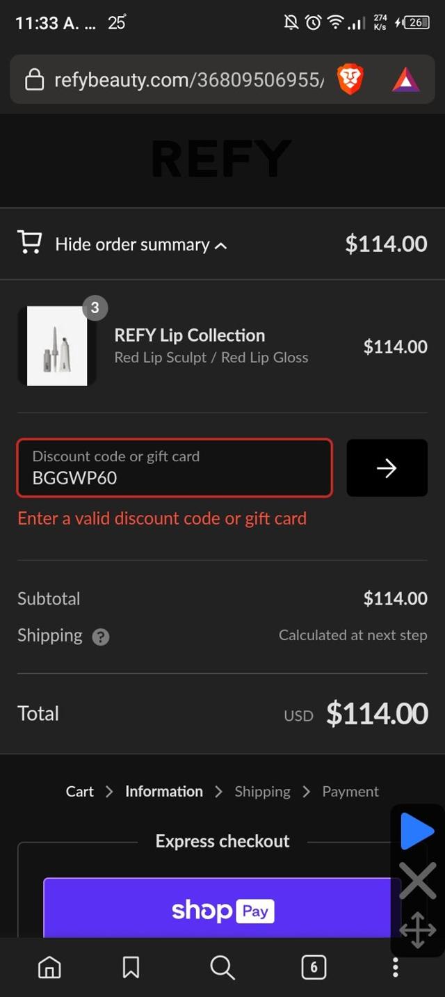 REFY checkout page showing REFY discount code box | Screenshot taken by SimplyCodes community member on Oct 27, 2023