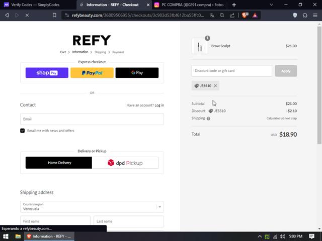 REFY checkout page showing REFY discount code box | Screenshot taken by SimplyCodes community member on Oct 12, 2023
