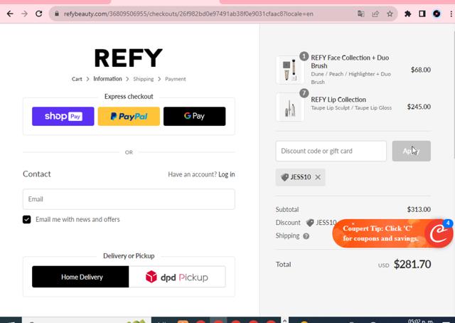 REFY checkout page showing REFY discount code box | Screenshot taken by SimplyCodes community member on Oct 3, 2023