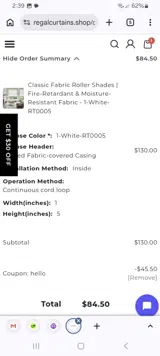 REGAL Curtains coupon verification screenshot