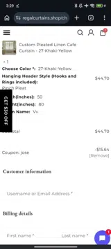 REGAL Curtains coupon verification screenshot