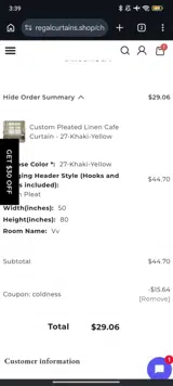 REGAL Curtains coupon verification screenshot