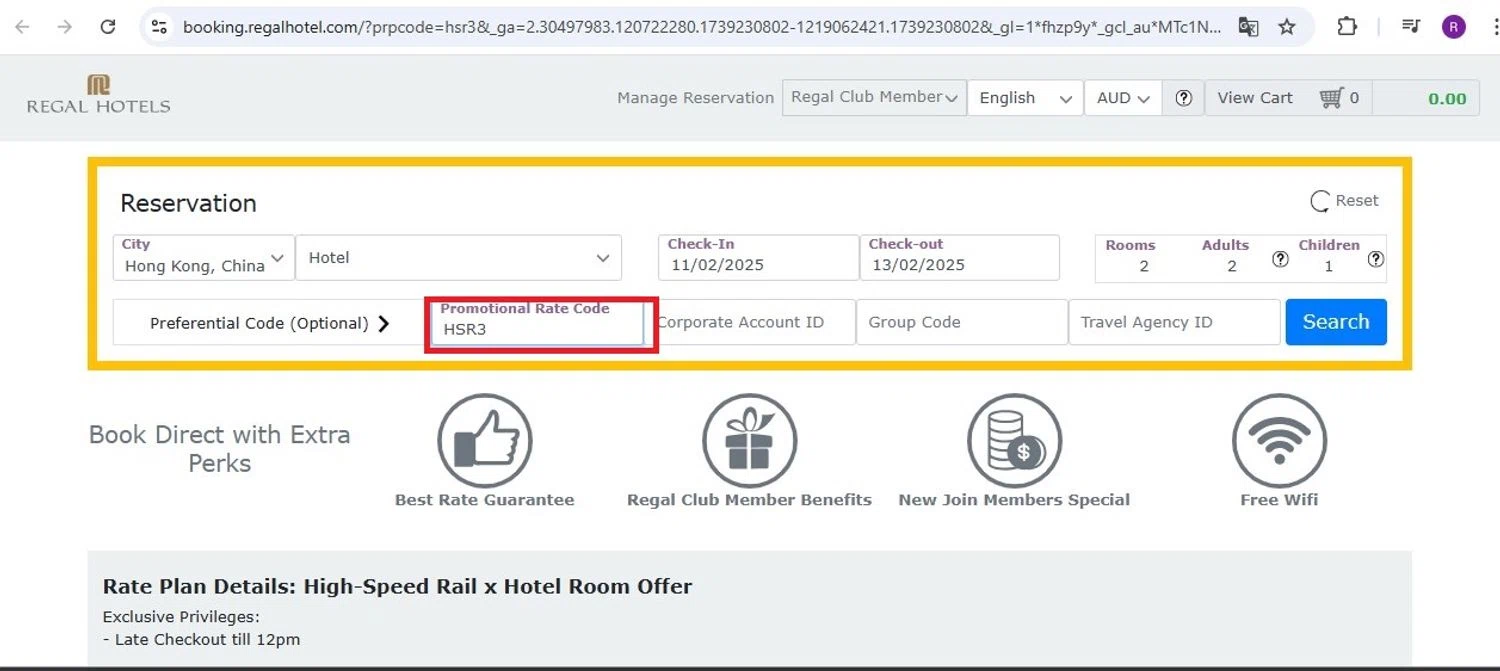 Regal Hotels checkout page showing Regal Hotels promo code box | Screenshot taken by SimplyCodes community member on Feb 10, 2025
