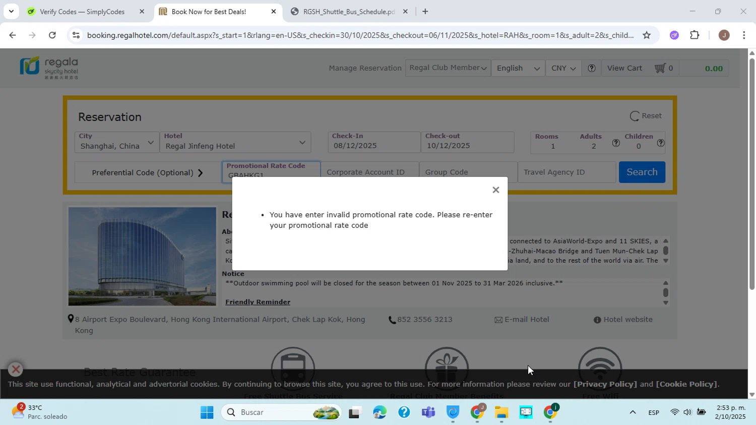 Regal Hotels promo code screenshot showing code GBAHKG1 applied at Regal Hotels checkout page. Uploaded by SimplyCodes community member ABHF23 on Oct 2, 2025