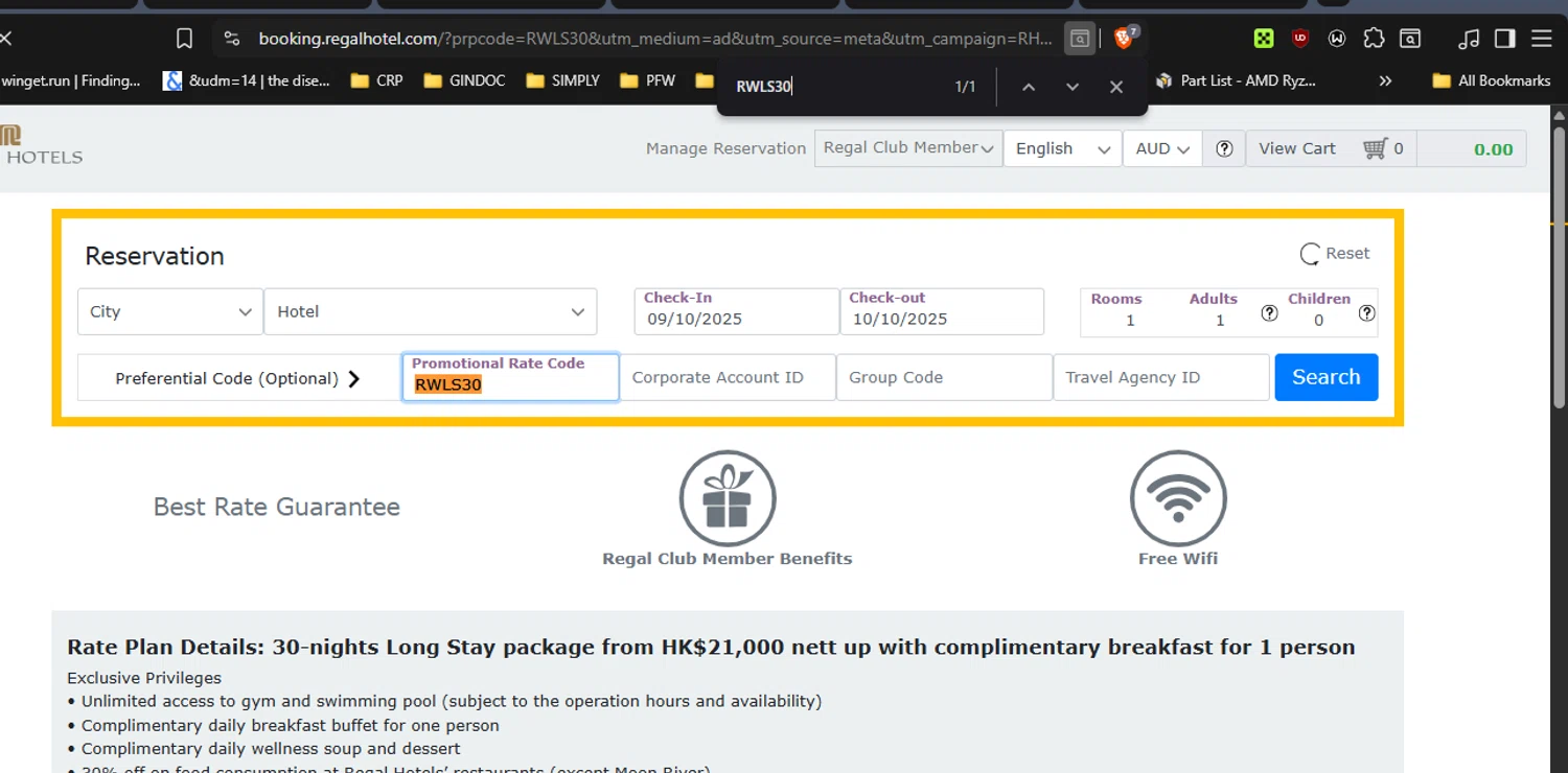 Regal Hotels promo code screenshot showing code RWLS30 applied at Regal Hotels checkout page. Uploaded by SimplyCodes community member RickhiK on Oct 9, 2025
