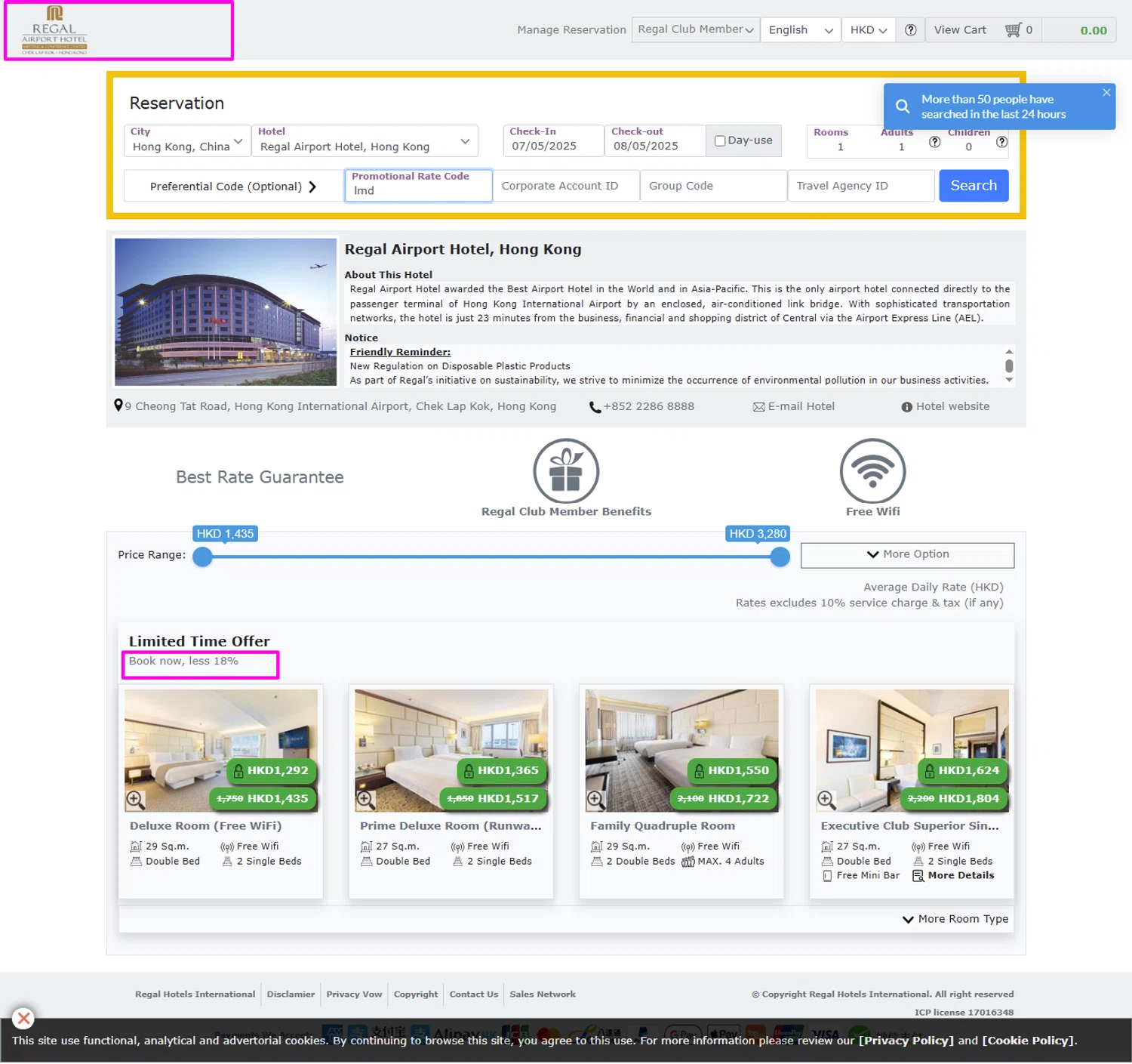 Regal Hotels promo code screenshot showing code lmd applied at Regal Hotels checkout page. Uploaded by SimplyCodes community member mrdarcy on May 7, 2025