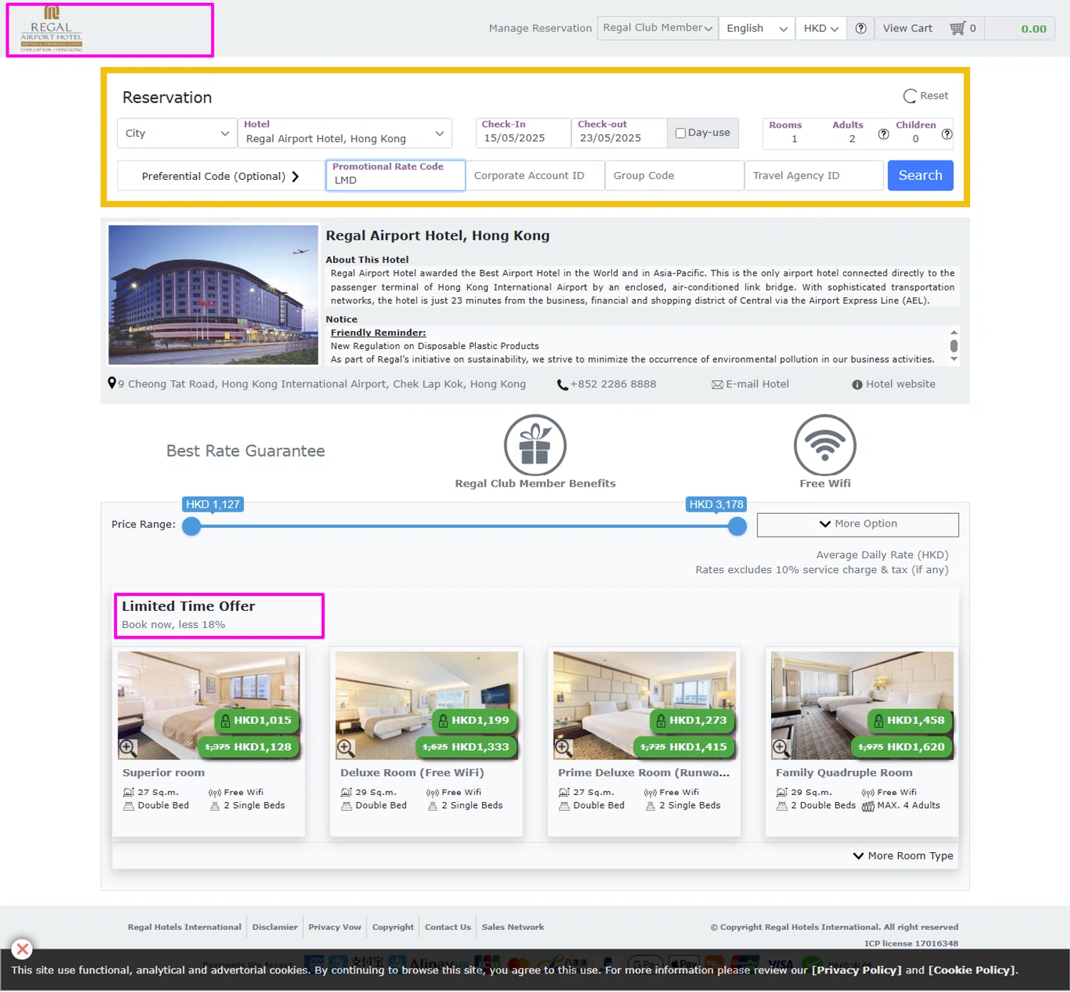 Regal Hotels promo code screenshot showing code LMD applied at Regal Hotels checkout page. Uploaded by SimplyCodes community member mrdarcy on May 10, 2025