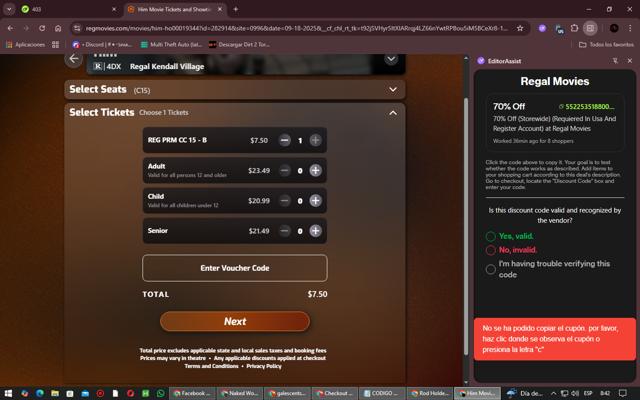 Regal Movies checkout page showing Regal Movies promo code box | Screenshot taken by SimplyCodes community member on Sep 13, 2025