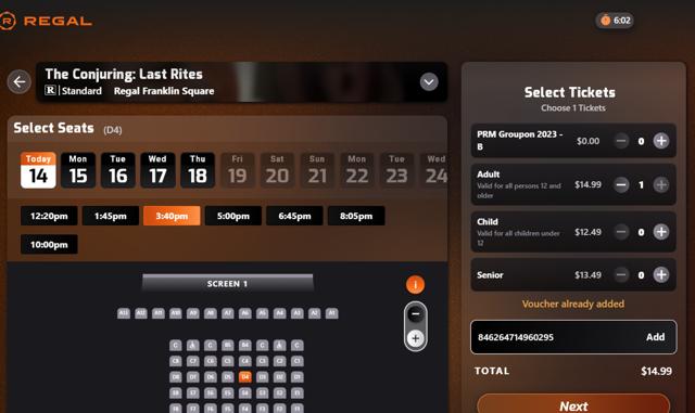 Regal Movies checkout page showing Regal Movies promo code box | Screenshot taken by SimplyCodes community member on Sep 14, 2025