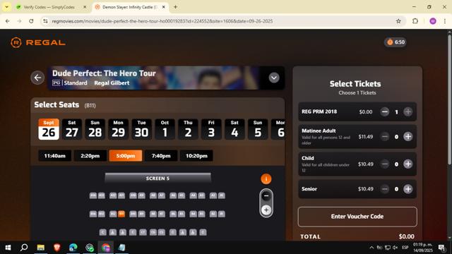 Regal Movies checkout page showing Regal Movies promo code box | Screenshot taken by SimplyCodes community member on Sep 14, 2025