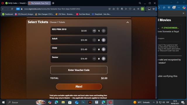Regal Movies checkout page showing Regal Movies promo code box | Screenshot taken by SimplyCodes community member on Aug 6, 2025