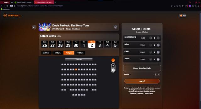 Regal Movies checkout page showing Regal Movies promo code box | Screenshot taken by SimplyCodes community member on Aug 24, 2025