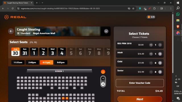Regal Movies checkout page showing Regal Movies promo code box | Screenshot taken by SimplyCodes community member on Aug 28, 2025