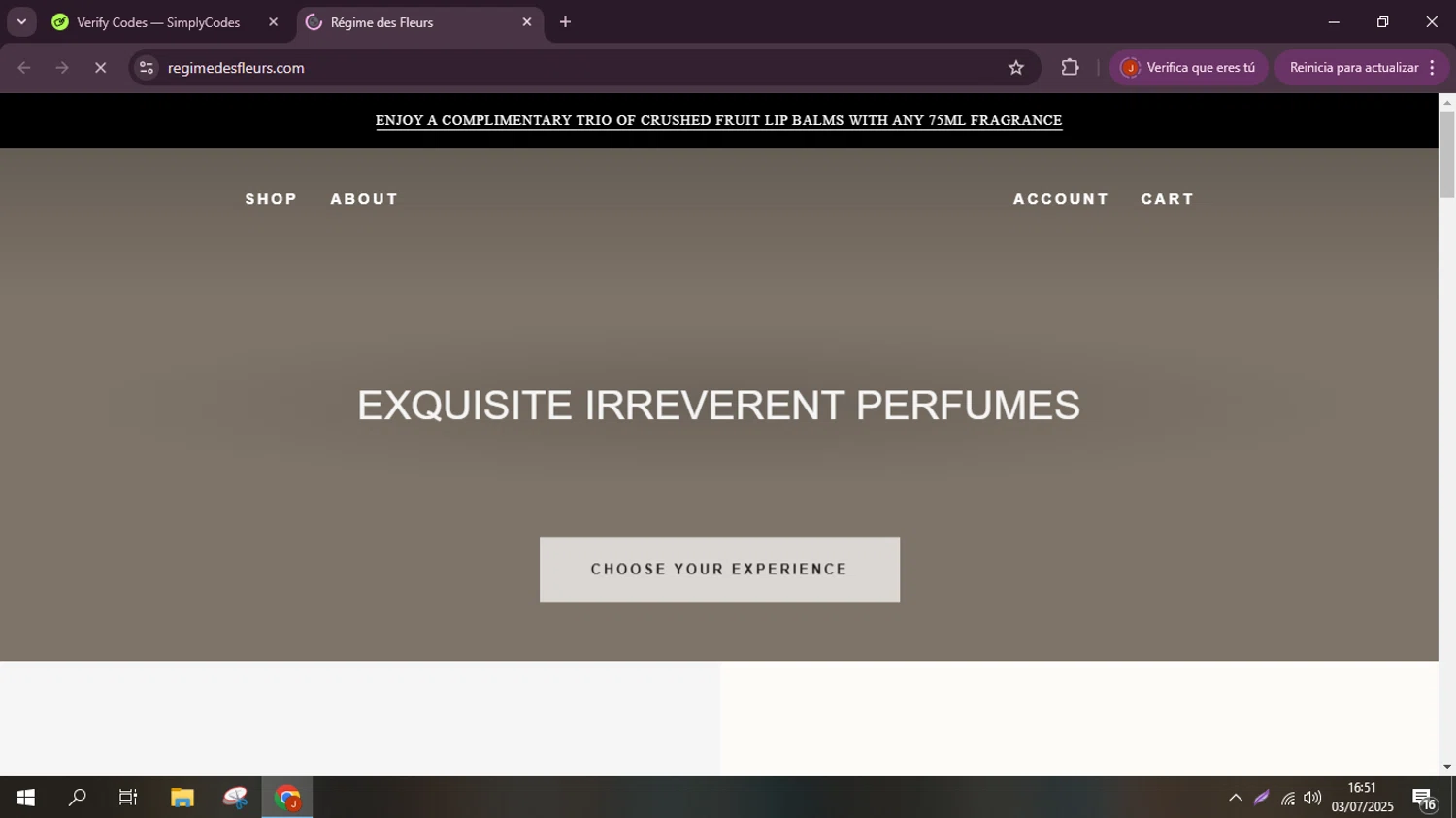 Régime des Fleurs promo code screenshot showing code FREESHIP applied at Régime des Fleurs checkout page. Uploaded by SimplyCodes community member ANDREWW on Jul 3, 2025