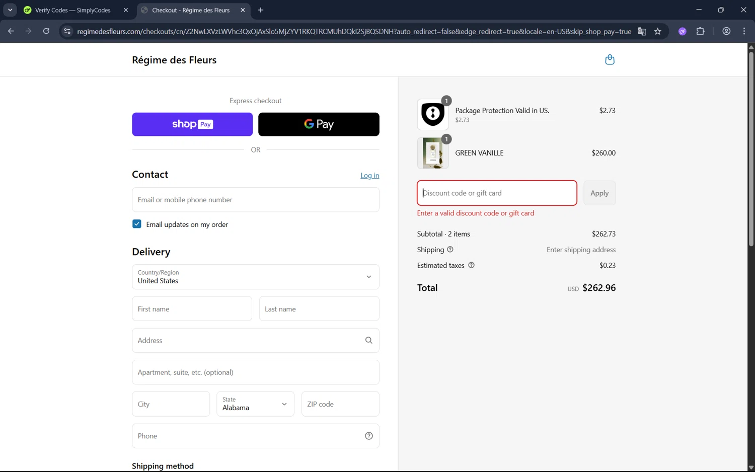 Régime des Fleurs promo code screenshot showing code FREESHIP applied at Régime des Fleurs checkout page. Uploaded by SimplyCodes community member juan1702 on Jul 3, 2025