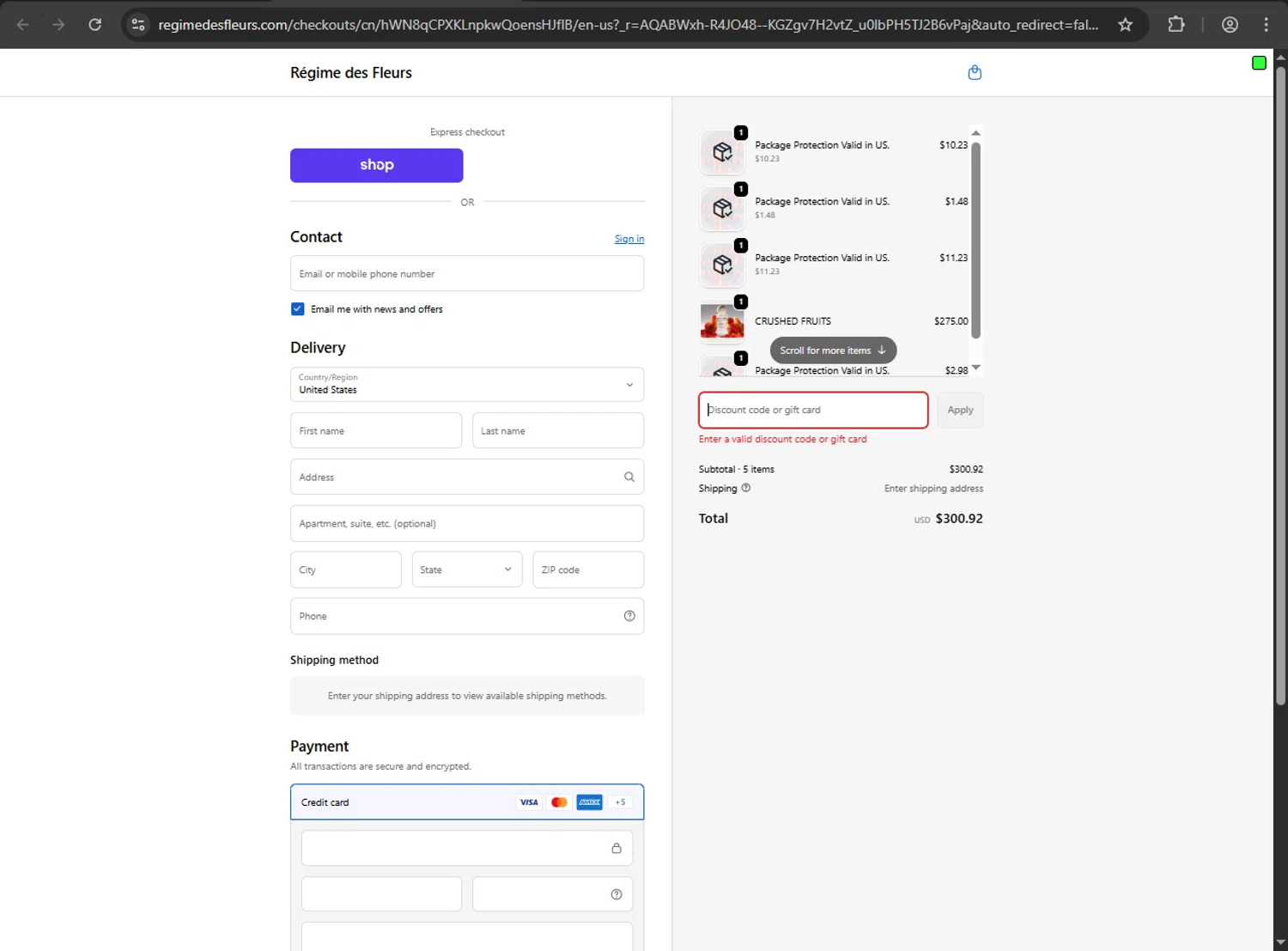Régime des Fleurs promo code screenshot showing code EDP50 applied at Régime des Fleurs checkout page. Uploaded by SimplyCodes community member gokuyvegetta on Feb 16, 2026