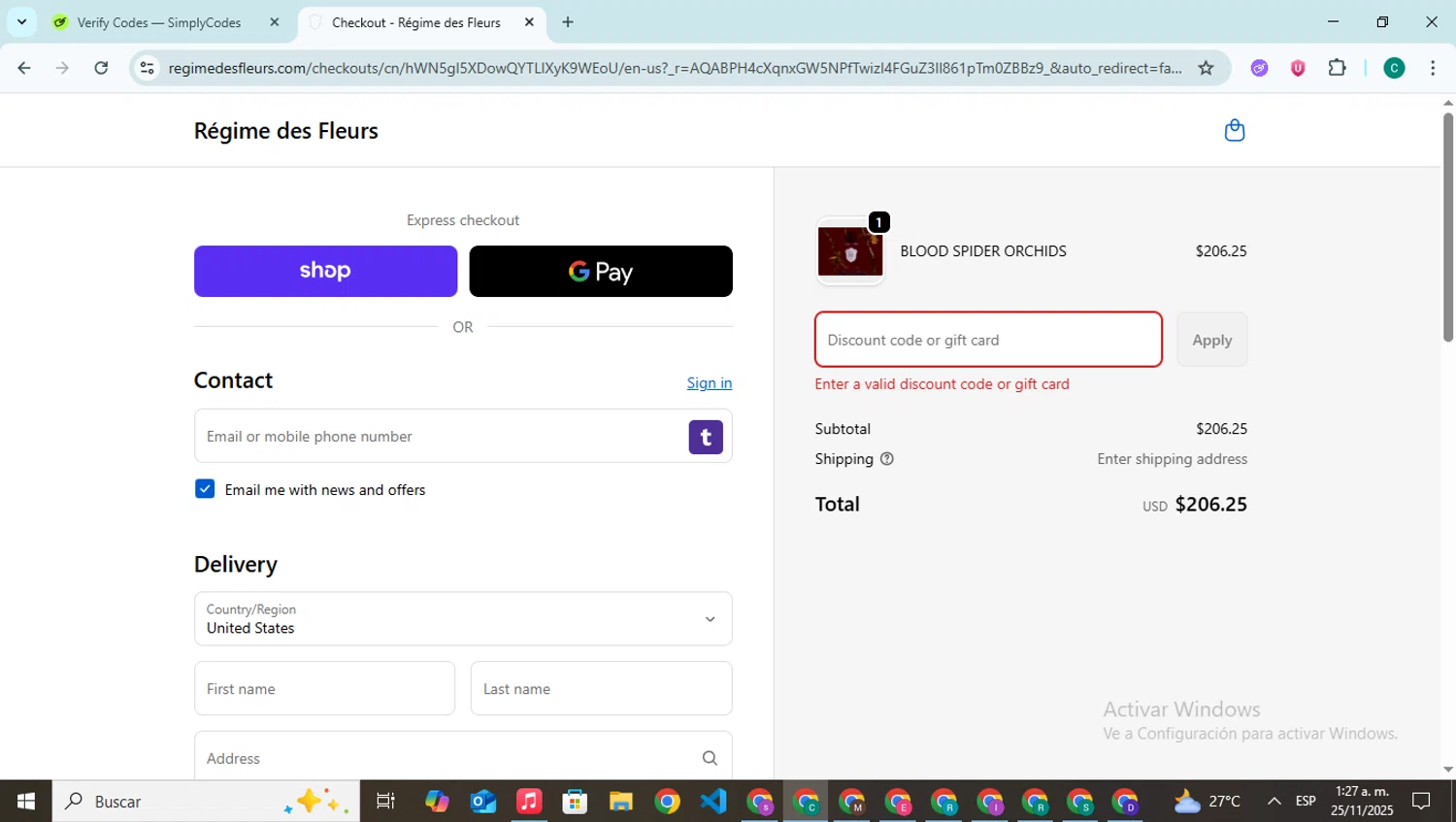 Régime des Fleurs promo code screenshot showing code EDP25 applied at Régime des Fleurs checkout page. Uploaded by SimplyCodes community member BonusPilot927 on Nov 25, 2025