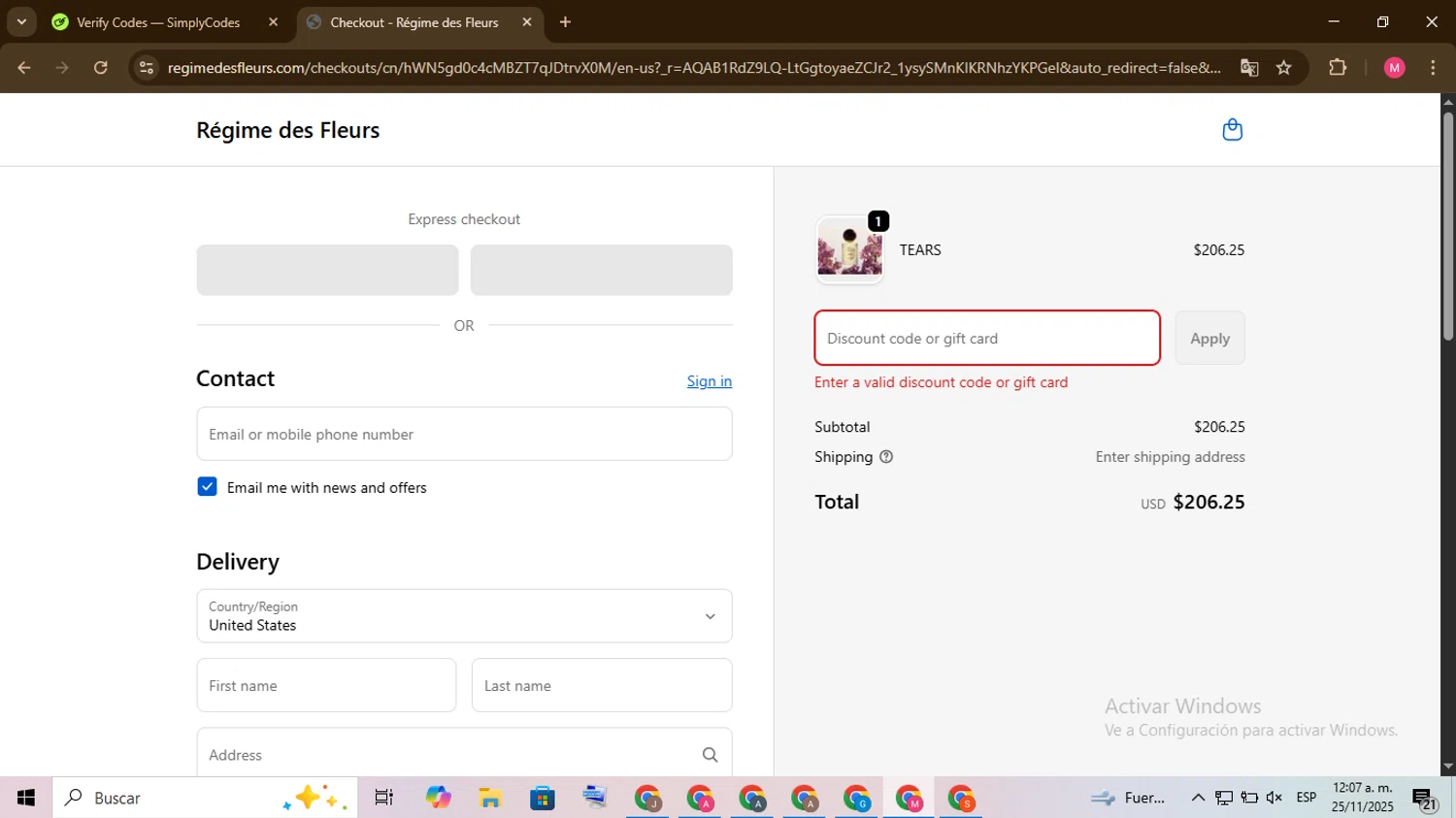 Régime des Fleurs promo code screenshot showing code EDP25 applied at Régime des Fleurs checkout page. Uploaded by SimplyCodes community member Chambeadoranonimo on Nov 25, 2025