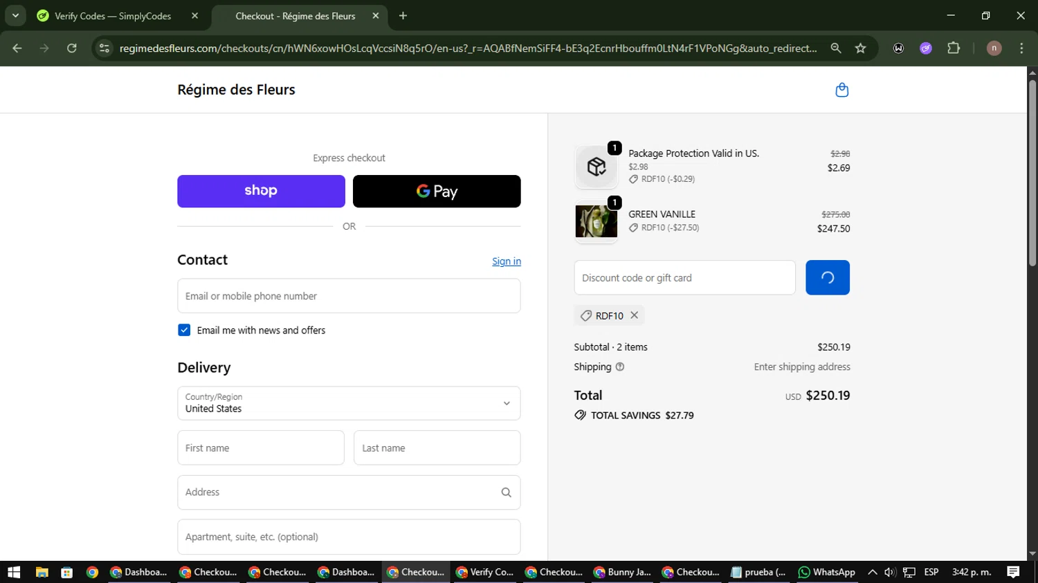 Régime des Fleurs promo code screenshot showing code RDF10 applied at Régime des Fleurs checkout page. Uploaded by SimplyCodes community member SmartWarden8713 on Dec 28, 2025