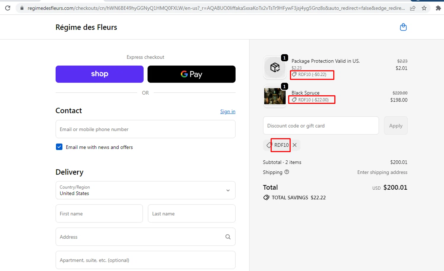 Régime des Fleurs promo code screenshot showing code RDF10 applied at Régime des Fleurs checkout page. Uploaded by SimplyCodes community member nileskamarcano on Dec 8, 2025