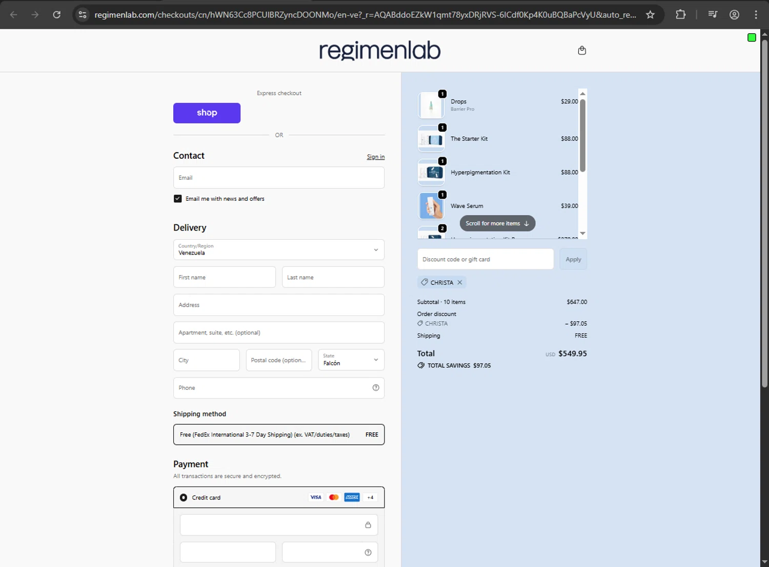 Regimen Lab promo code screenshot showing code CHRISTA applied at Regimen Lab checkout page. Uploaded by SimplyCodes community member MRDEAL on Dec 4, 2025
