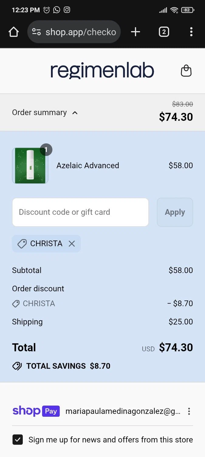 Regimen Lab promo code screenshot showing code CHRISTA applied at Regimen Lab checkout page. Uploaded by SimplyCodes community member PromoMaven605 on Aug 12, 2025