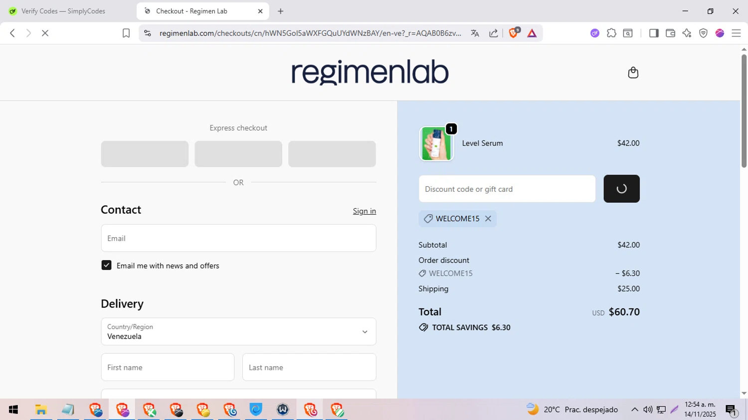 Regimen Lab promo code screenshot showing code Welcome15 applied at Regimen Lab checkout page. Uploaded by SimplyCodes community member BargainExpert9390 on Nov 14, 2025