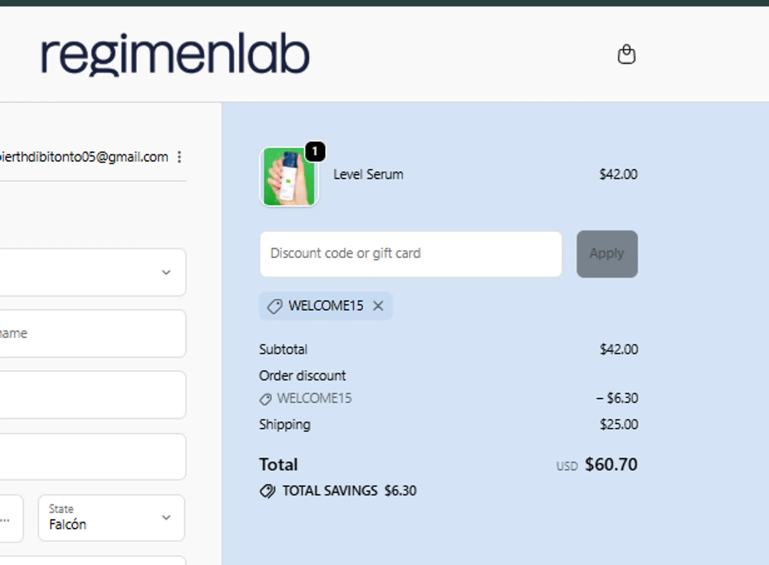 Regimen Lab promo code screenshot showing code Welcome15 applied at Regimen Lab checkout page. Uploaded by SimplyCodes community member tumdre on Oct 14, 2025