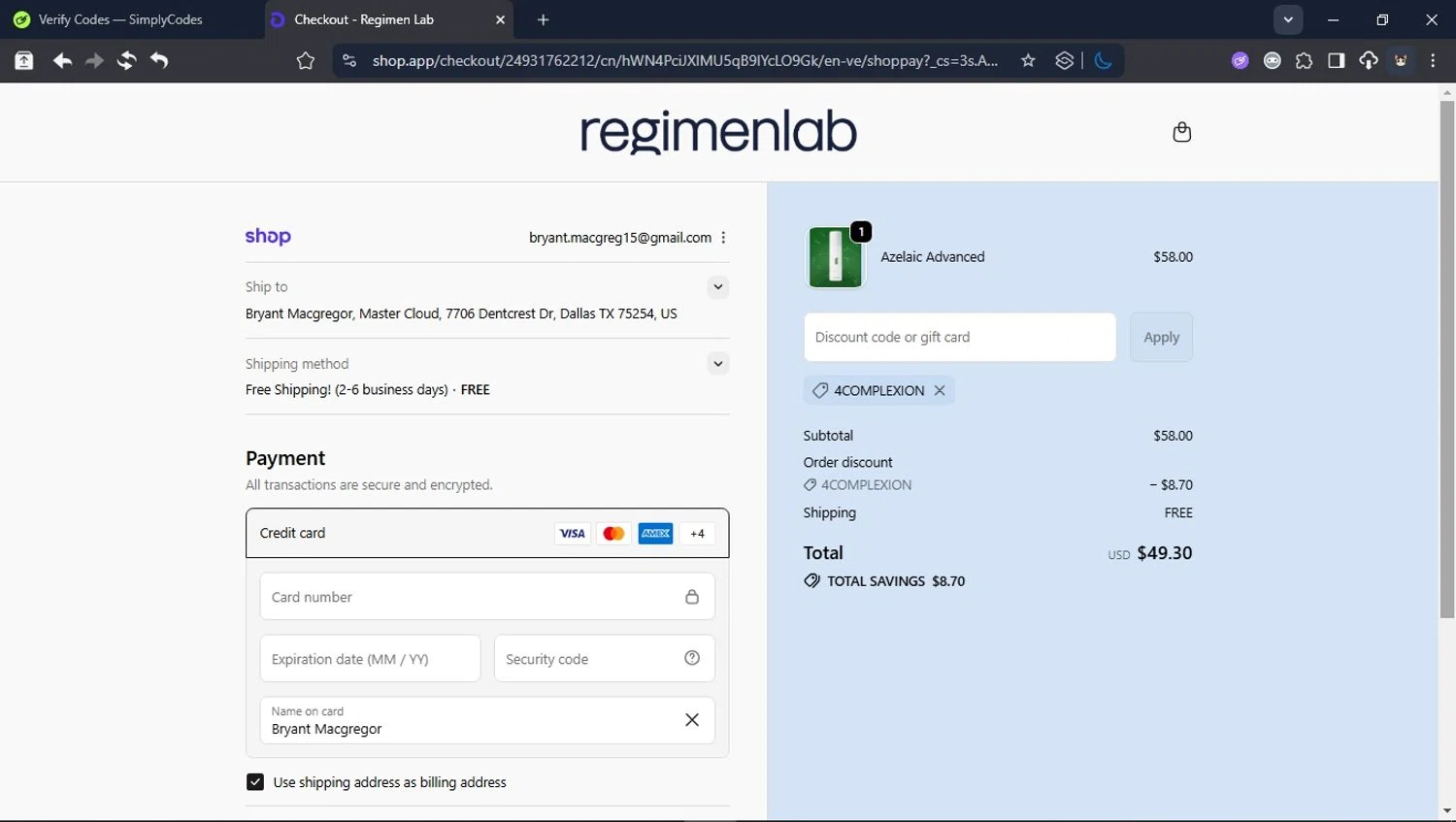 Regimen Lab promo code screenshot showing code 4COMPLEXION applied at Regimen Lab checkout page. Uploaded by SimplyCodes community member LegendaryCollector6259 on Oct 22, 2025